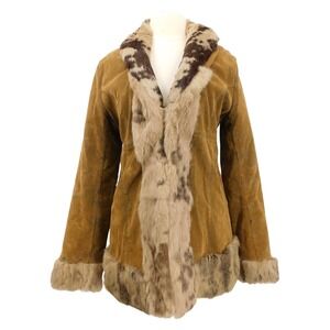 VTG Mojo Moda XL Tan Brown Rabbit Fur Trimmed Cotton Blend Penny Lane Coat